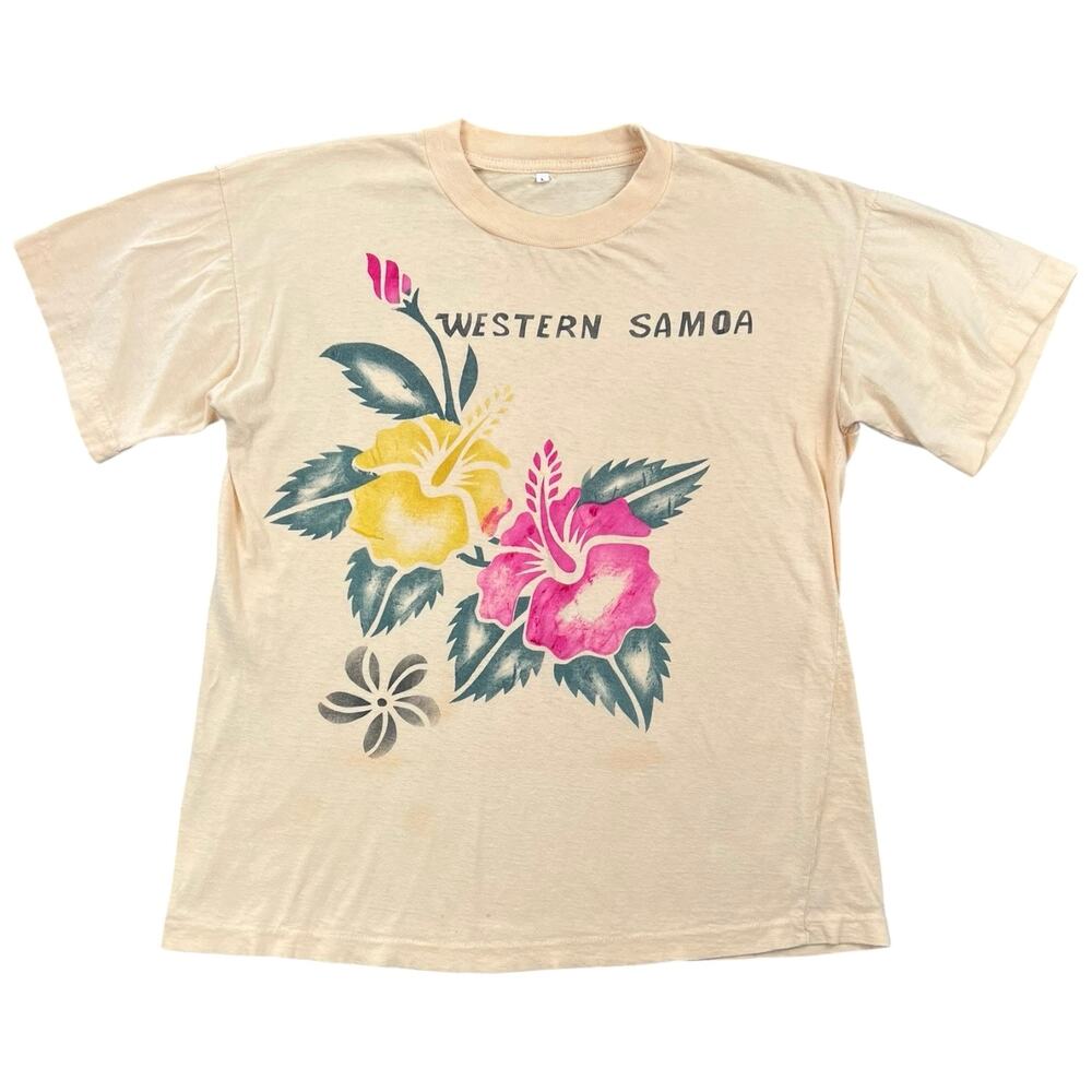 Vintage 90s Western Samoa Hibiscus Tourist Tee Cream Single Stitch Graphic - L